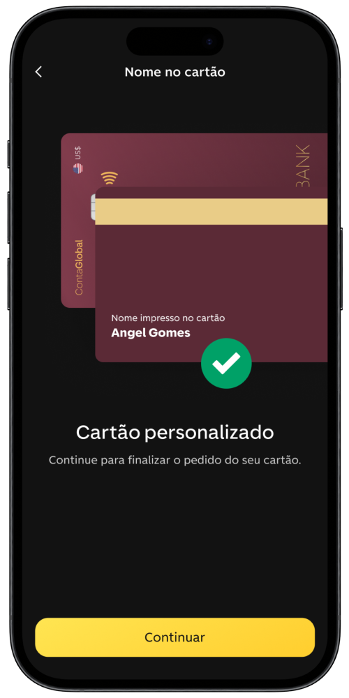 Imagem de celular com a tela de personalização do nome no cartão dentro do app do C6 Bank