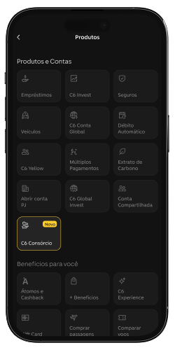 Menu do app C6 Bank mostrando produtos e contas, com "C6 Consórcio" marcado como novo.