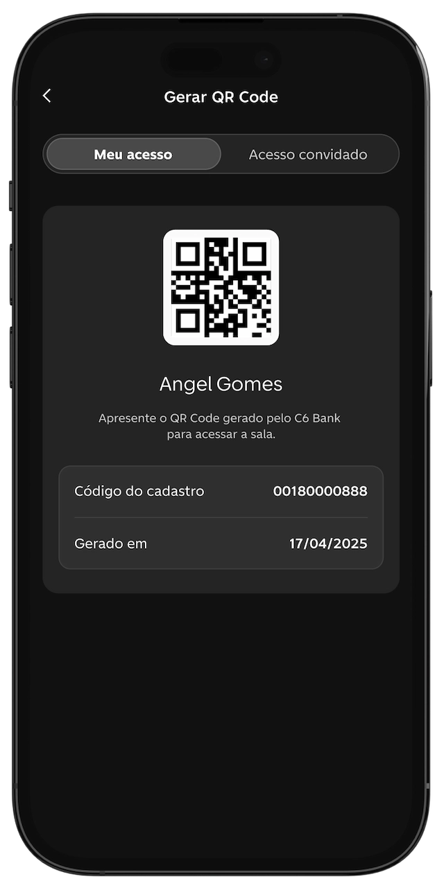 Tela do app C6 Bank com QR Code gerado para acesso a sala VIP, nome do usuário e dados de cadastro.