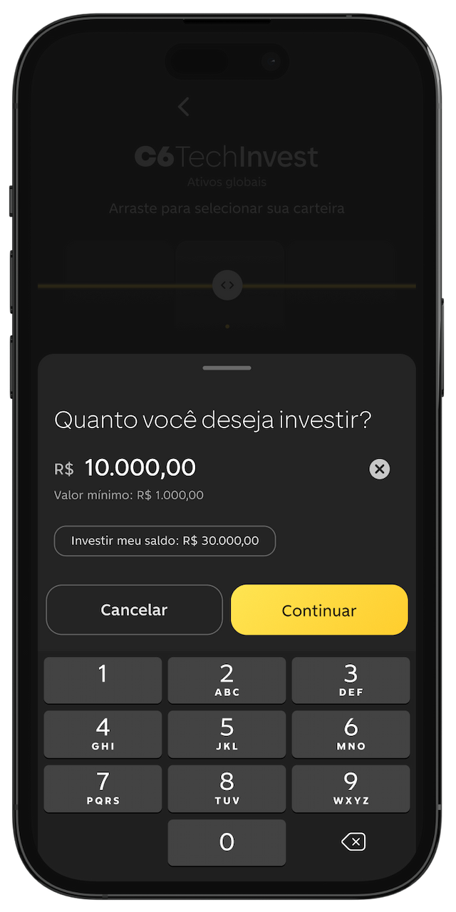 Tela para inserir valor de investimento no app TechInvest.