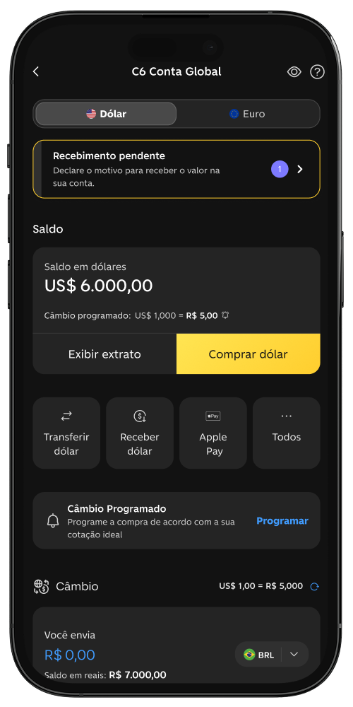 Imagem da tela do app do C6 Bank com a home de C6 Conta Global e saldo de 6 mil dólares.