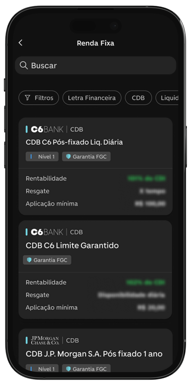 Tela de catálogo de investimentos em Renda Fixa no app do C6 Bank.