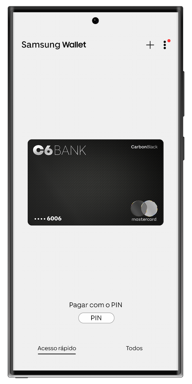 Tela da Samsung Wallet com o Cartão C6 Carbon em exibição.