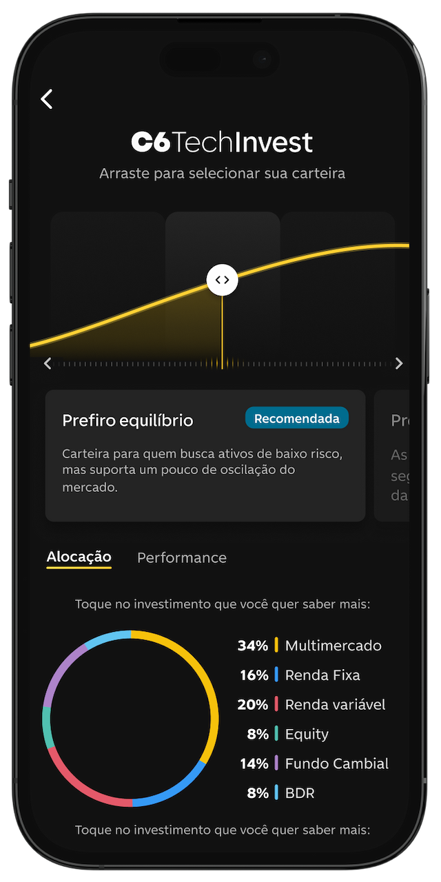 Tela do app em C6 TechInvest com carteira equilibrada e gráfico de alocação.