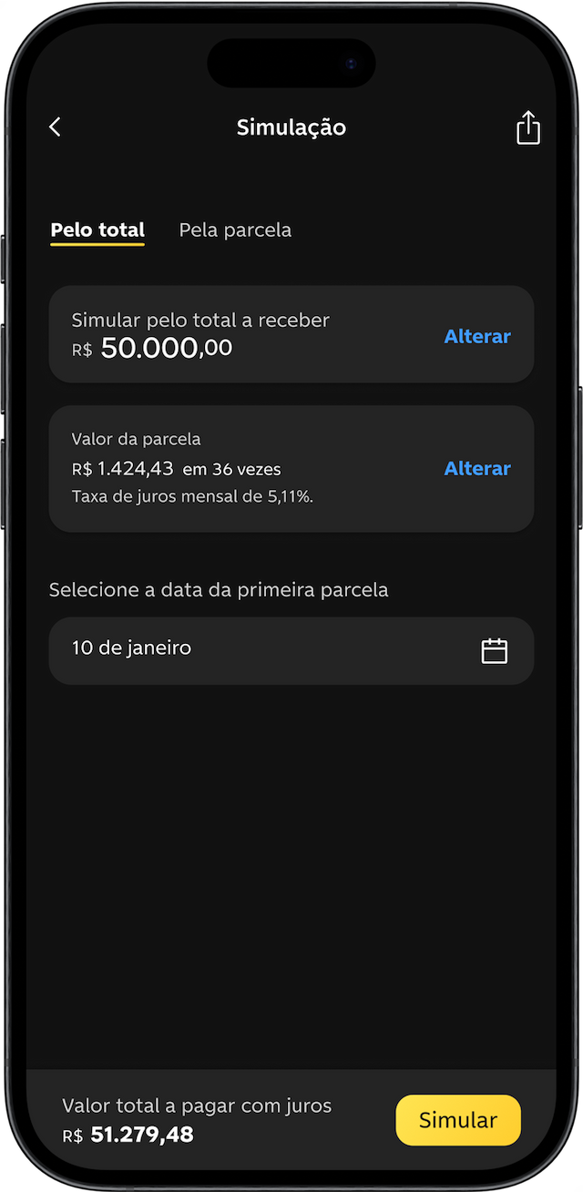 Tela do app do C6 Bank na simulação de valor do empréstimo
