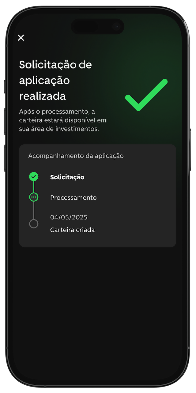 Confirmação de solicitação de aplicação no app do C6 Bank, com processamento previsto.