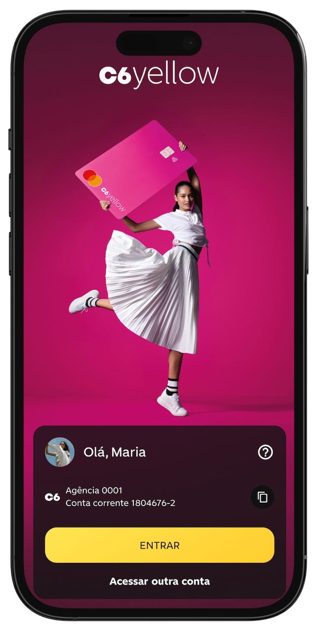Tela do app C6 Yellow com jovem saltando e segurando cartão rosa; interface exibe conta e botão de entrada.