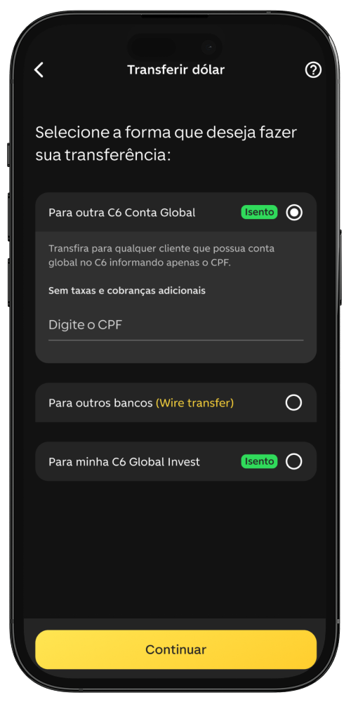 Imagem da tela do app do C6 Bank com a tela de opção da forma de transferência internacional