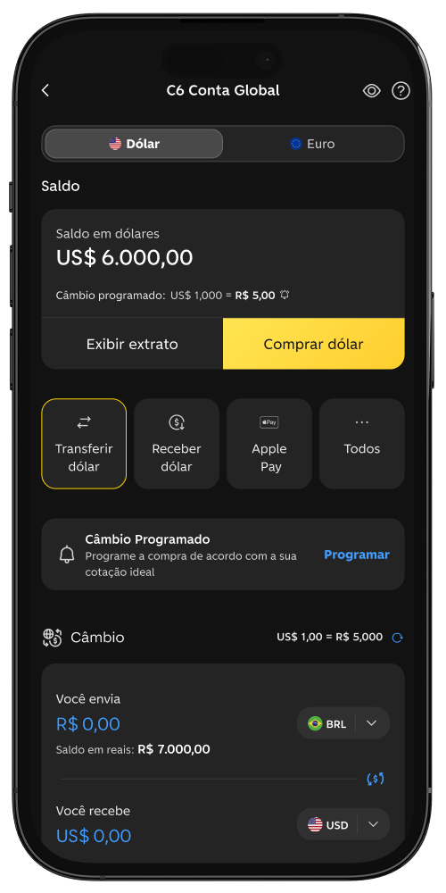 Imagem da tela do app do C6 Bank com a home de C6 Conta Global e botão de Transferir Dólar selecionado.