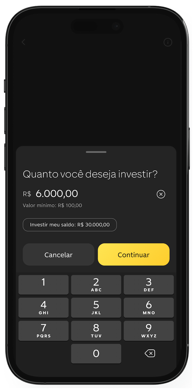 Tela de app com valor de investimento e teclado numérico.