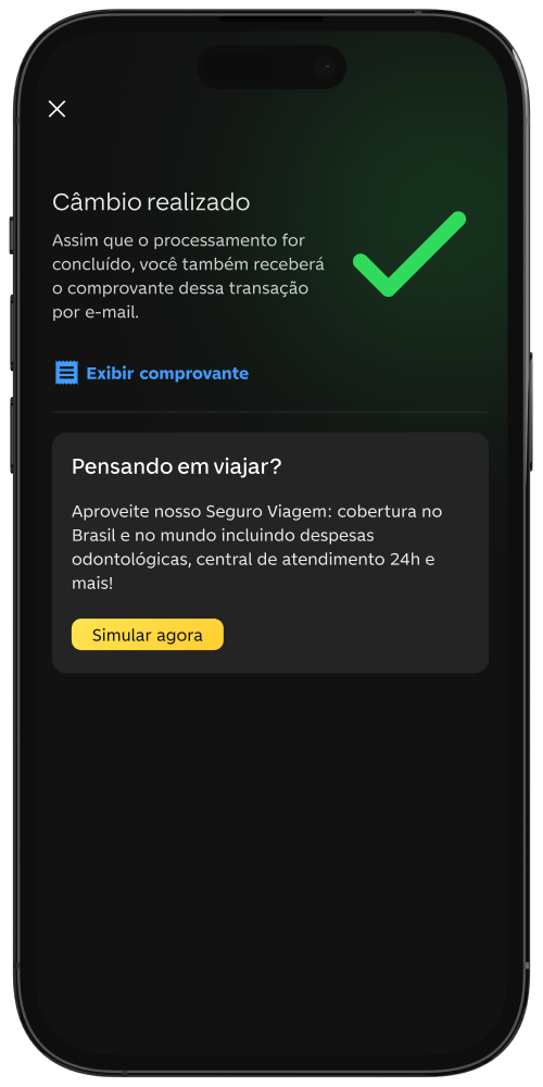 Celular exibe tela de confirmação de câmbio no app do C6 Bank.