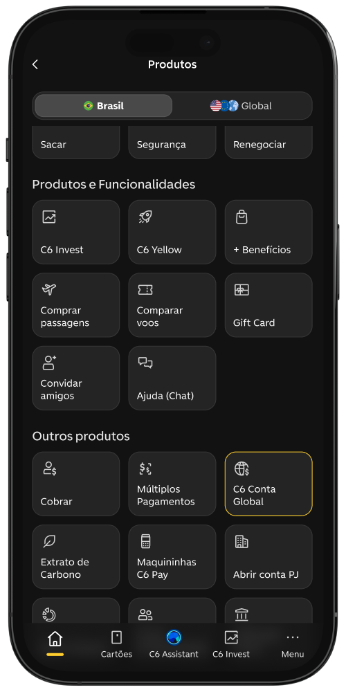 Celular exibe menu principal do app do C6 Bank, com C6 Conta Global selecionada