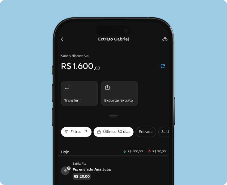 Tela do app C6 Yellow mostra o extrato de Gabriel com saldo de R$ 1.600,00 e uma transferência Pix de R$ 20,00 para Ana Júlia.