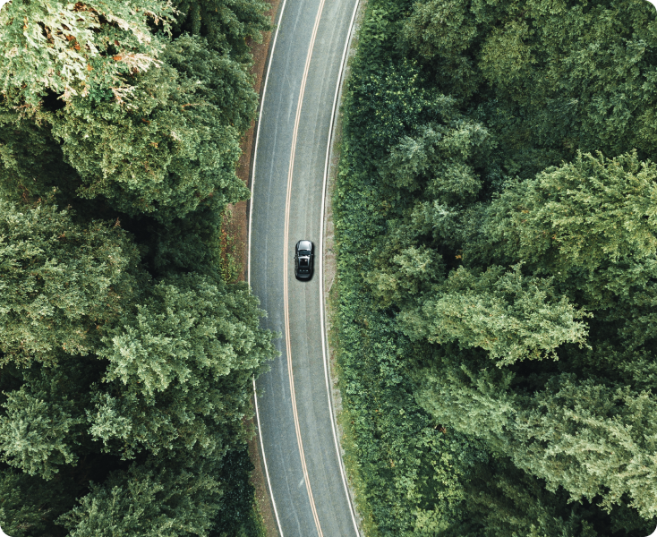 Carro em estrada sinuosa cercada por mata verde, visto de cima.