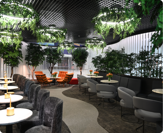 Lounge da sala VIP da Mastercard Black, localizada no Terminal 3 do Aeroporto de Guarulhos.
