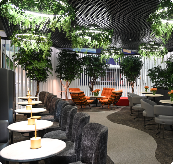 Lounge da sala VIP da Mastercard Black, localizada no Terminal 3 do Aeroporto de Guarulhos.