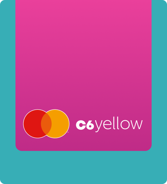 Cartão Pink da conta C6 Yellow com logo e bandeira Mastercard em fundo azul.