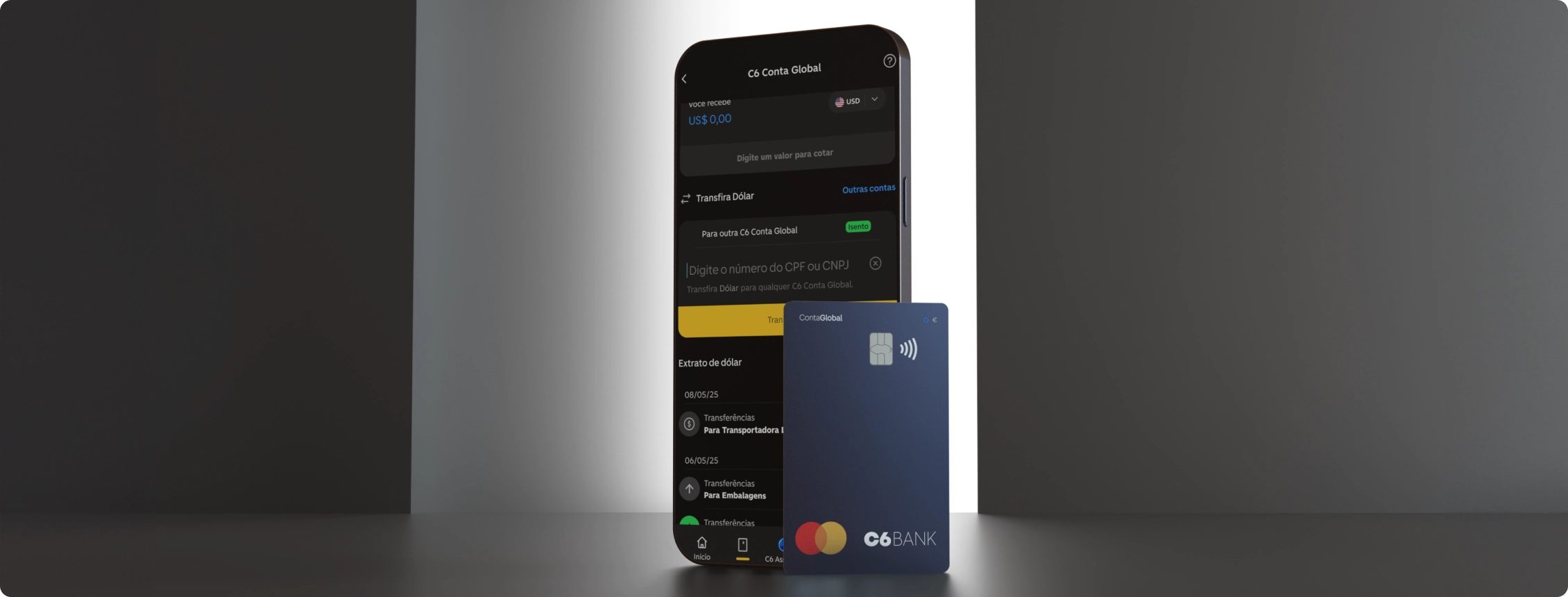 App do C6 Bank com tela da Conta Global e Cartão C6 Conta Global ao lado.