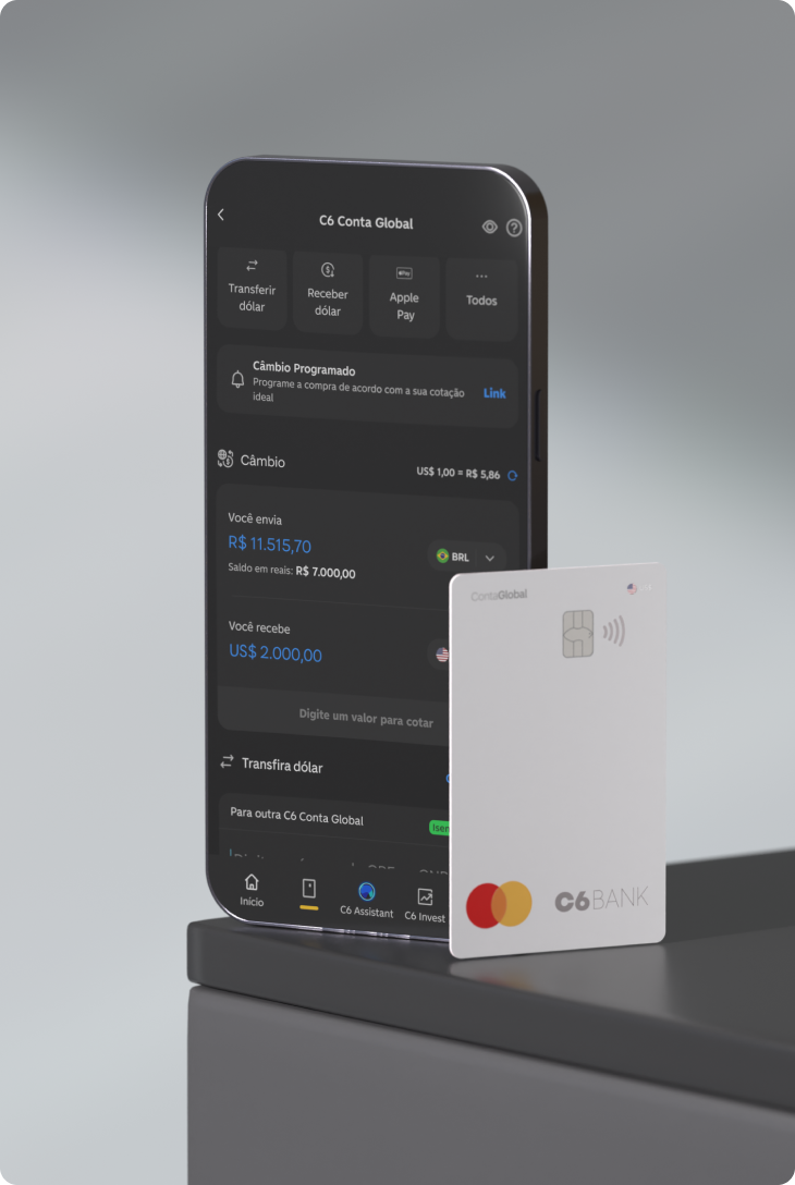 Celular exibe tela da C6 Conta Global dentro do app do C6 Bank, com cartão da Conta Global ao lado.