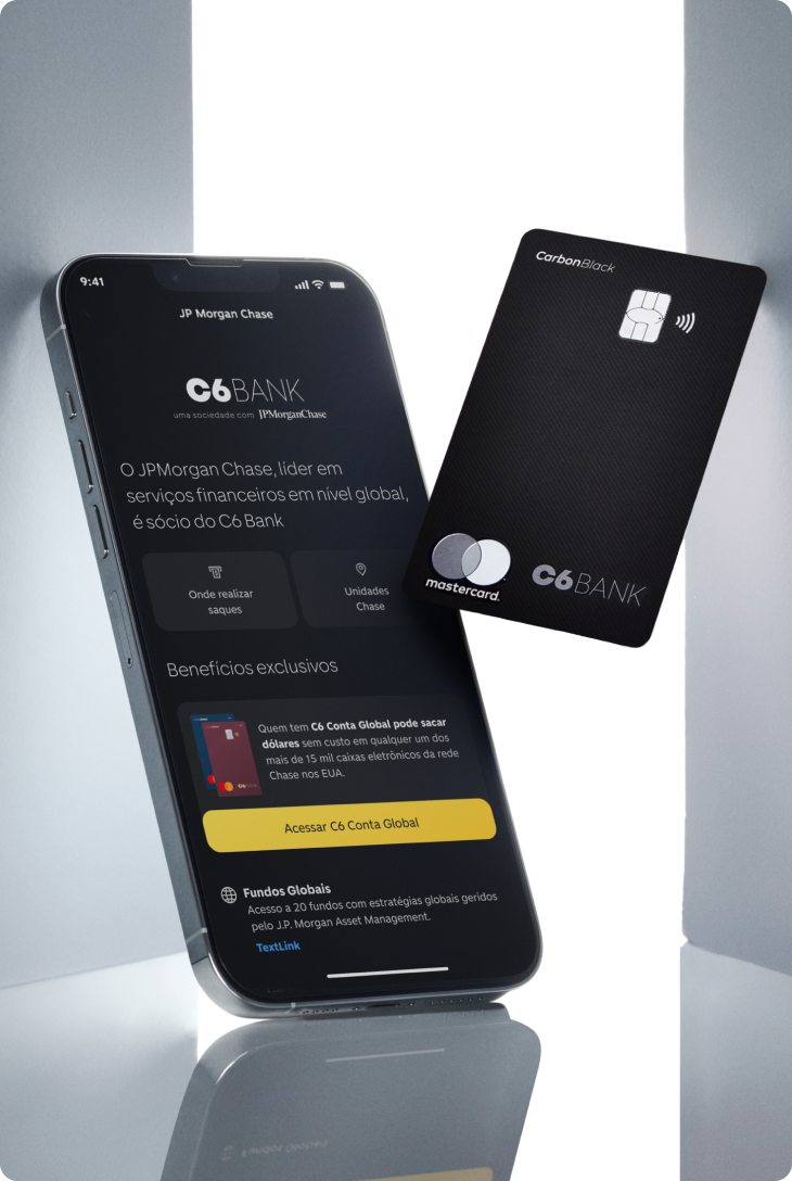 Cartão C6 Carbon e app do C6 Bank com benefícios do JPMorganChase.