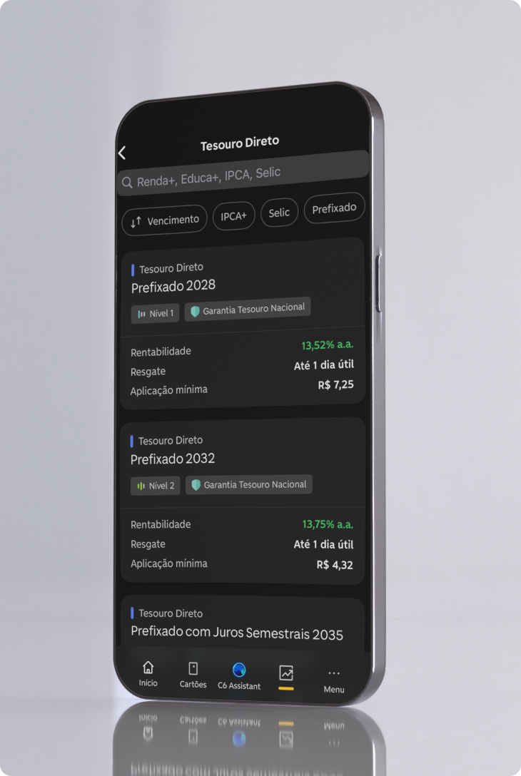 Celular com aplicação da tela da aba de Tesouro Direto, dentro do app do C6 Bank, com a listagem de investimentos disponíveis e suas rentabilidades.