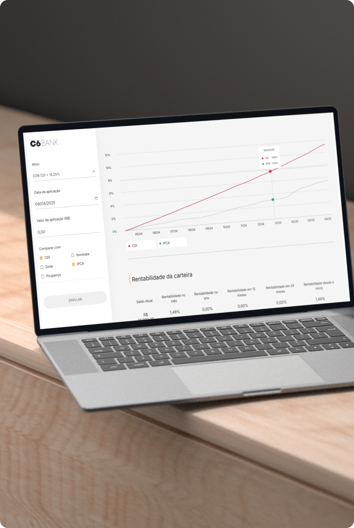 Tela do C6 Bank em notebook mostra gráfico de rentabilidade de investimentos.