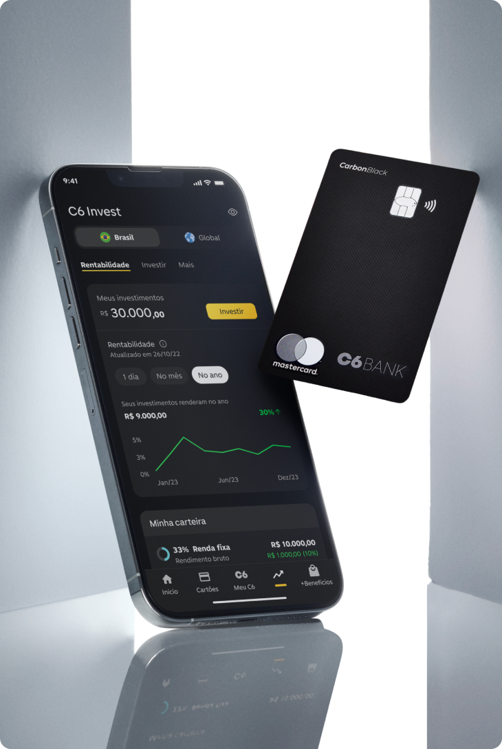 App C6 Invest aberto ao lado do Cartão C6 Carbon. Visual limpo e moderno destaca tecnologia e investimentos.