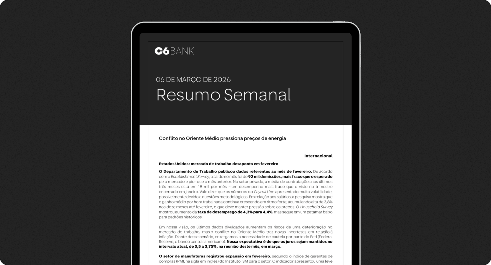Tela de tablet com a capa do documento de título Resumo Semanal