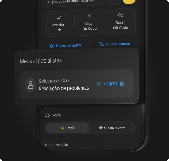 Tela do app C6 Bank mostra área Pix e destaque para suporte “Solucione 24x7” com opção de mensagem.