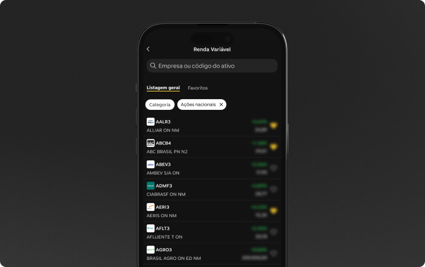 App do C6 Bank, aberto na tela do catálogo de Renda Variável, em Ações nacionais.