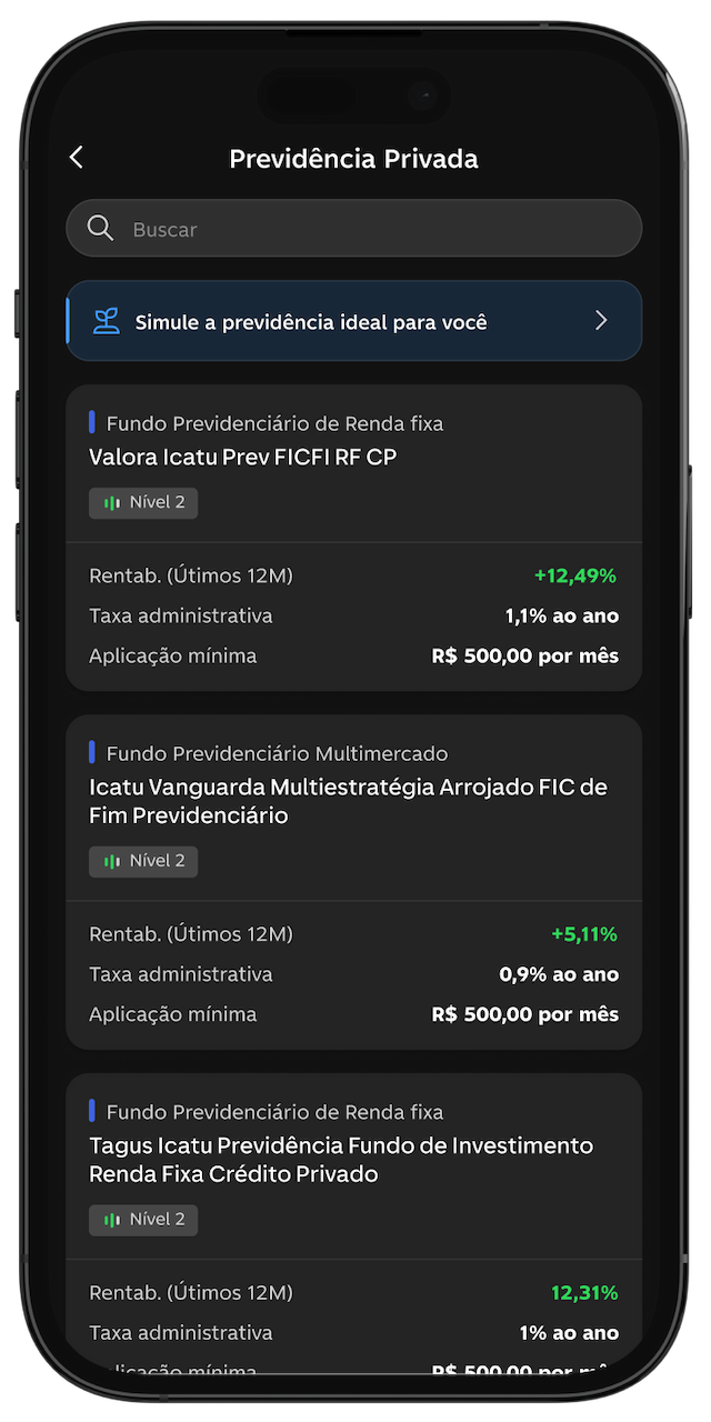 Tela do app do C6 Bank, aberto na aba de Previdência Privada, com listagem de fundos disponíveis e suas rentabilidades.