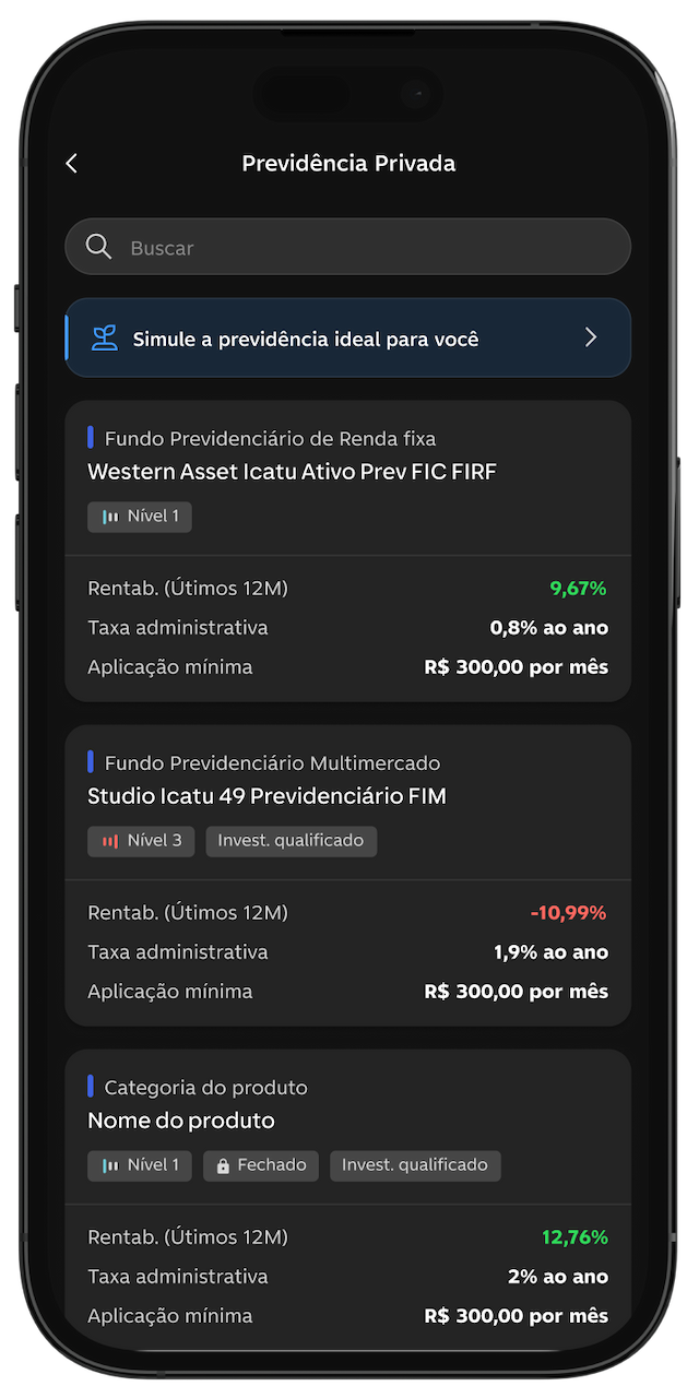 Tela do app do C6 Bank, aberto na aba de Previdência Privada, com listagem de fundos disponíveis e suas rentabilidades.