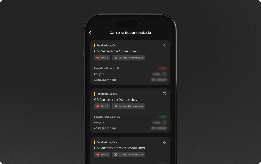 App do C6 Bank, aberto na tela com o catálogo de Carteiras Recomendadas de Fundos de Ações.