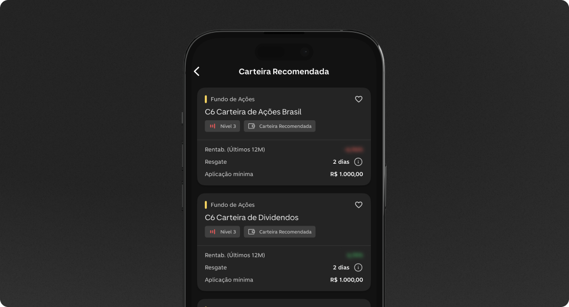 Tela mostra dois fundos de ações no app C6 Bank, ambos com risco 3, resgate em 2 dias e aplicação mínima de R$ 1.000.