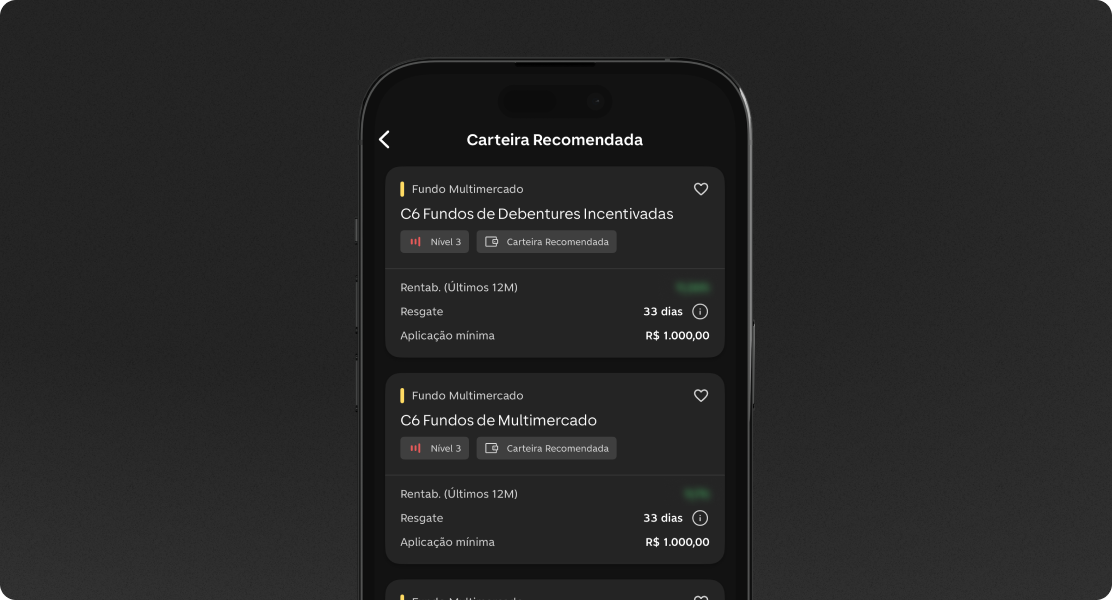 Fundos multimercado recomendados no app C6 Bank, com risco 3, resgate em 33 dias e aplicação de R$ 1.000.