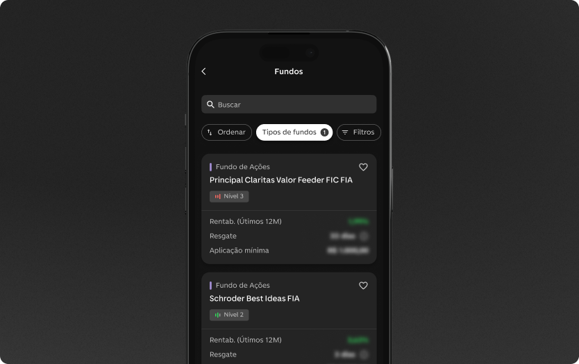 App do C6 Bank, aberto na tela com o catálogo de Fundos de Ações.