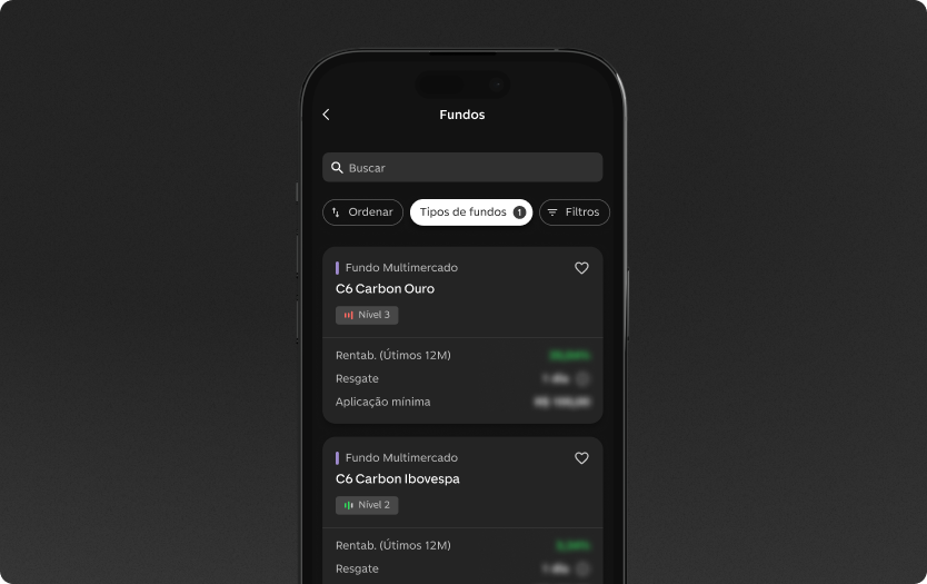 App do C6 Bank, aberto na tela com o catálogo de Fundos Multimercado.
