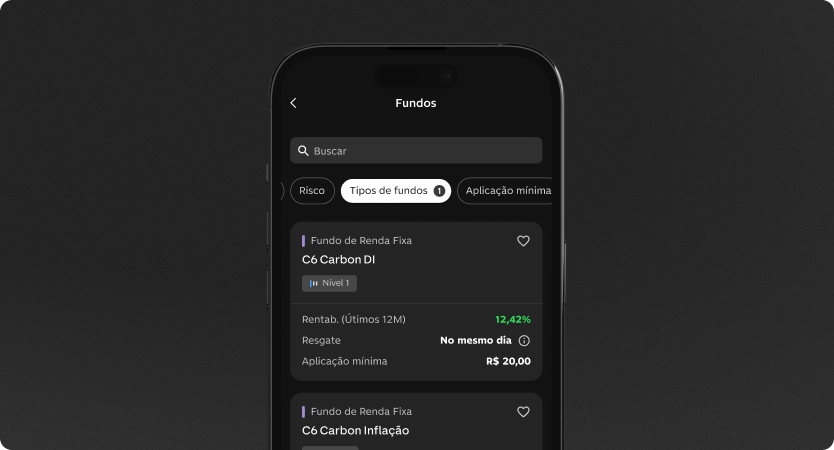 Tela de Fundos de Renda Fixa no app do C6 Bank