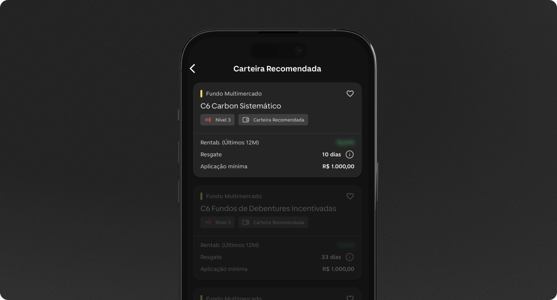 Fundo C6 Carbon Sistemático no app C6 Bank, com risco 3, resgate em 10 dias e aplicação mínima de R$ 1.000.