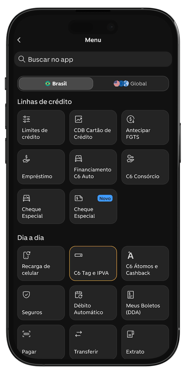 Tela do app do C6 Bank no menu principal com C6 Tag e IPVA selecionados