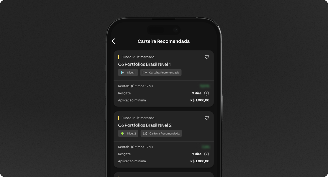 Portfólios Brasil Nível 1 e 2 no app C6 Bank, com aplicação de R$ 1.000 e resgate em 9 dias.