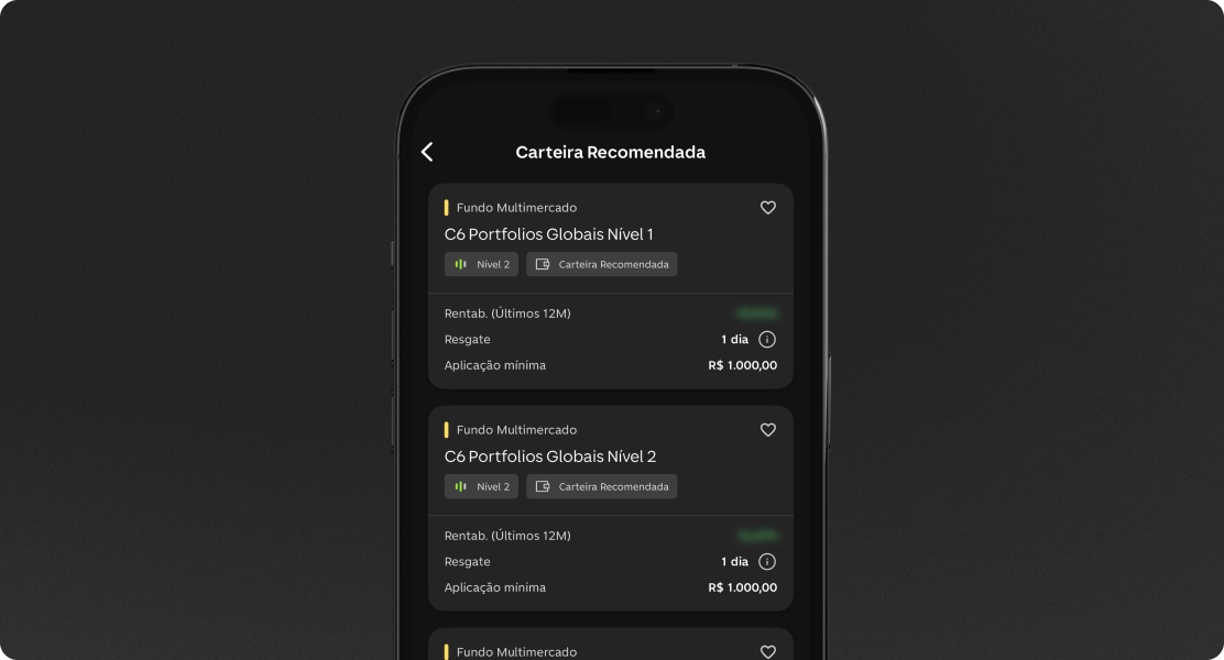 Portfólios Globais Nível 1 e 2 no app C6 Bank, com risco 2, resgate em 1 dia e aplicação mínima de R$ 1.000.