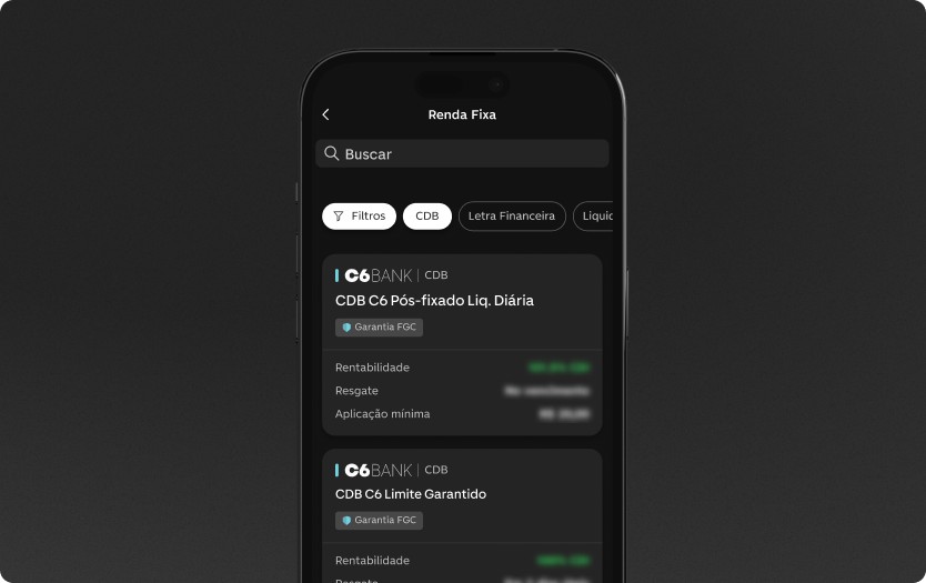 App do C6 Bank, aberto na tela com o catálogo de Renda Fixa, em CDBs.