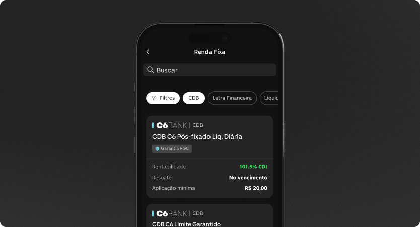 Tela de CDBs no app do C6 Bank