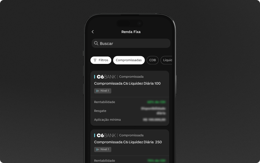 App do C6 Bank, aberto na tela com o catálogo de Renda Fixa, em Compromissadas.