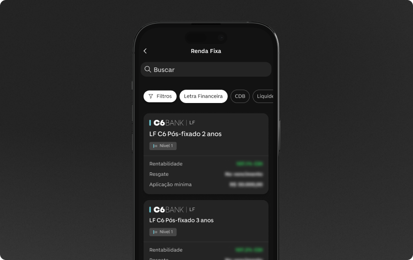 App do C6 Bank, aberto na tela com o catálogo de Renda Fixa, em Letra Financeira.