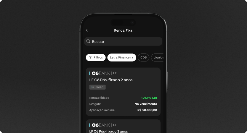 Tela de Letras Financeiras no app do C6 Bank