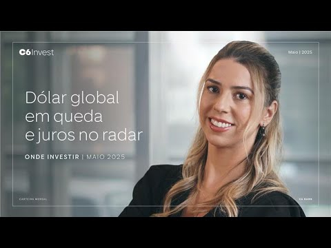 Mulher loira sorrindo ao lado do texto “Dólar global em queda – Maio 2025".
