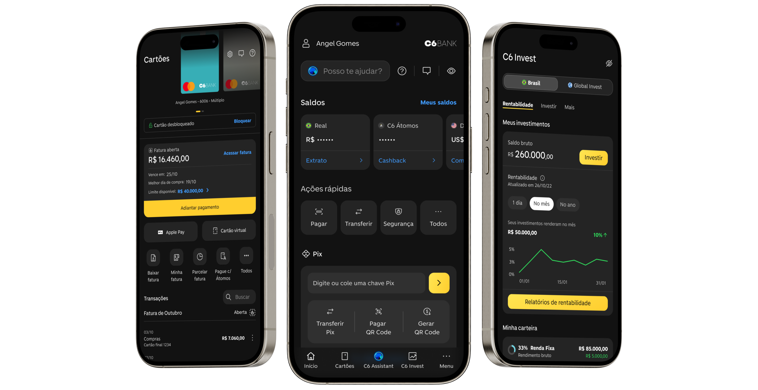 Três celulares mostram telas do app C6 Bank, com cartões, saldos e investimentos.
