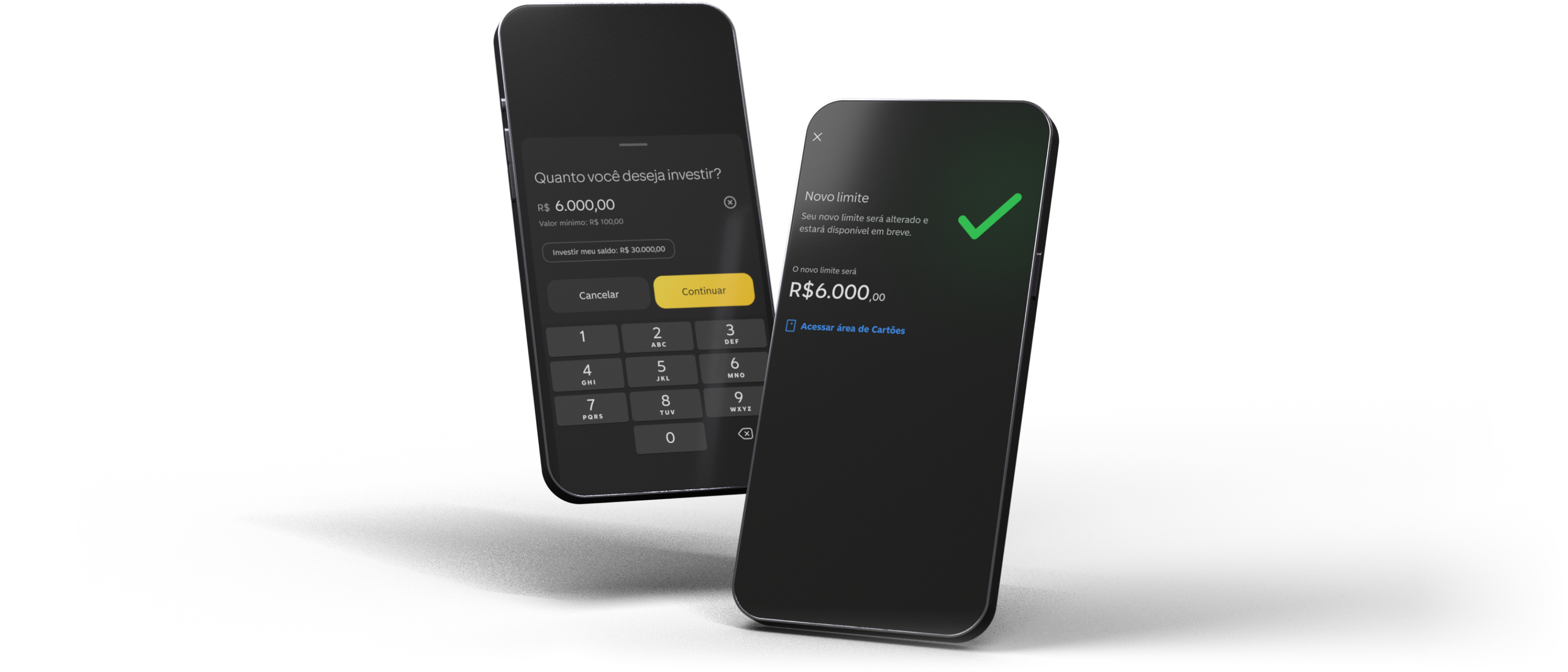 Celulares mostram investimento no app e novo limite aprovado.